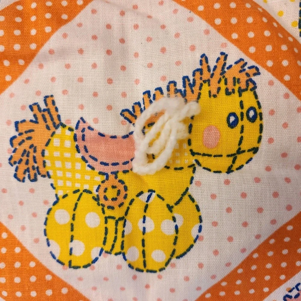 Vtg 70s Handmade Tied Baby Crib Quilt Animals & Polka Dots Orange Mod Nursery